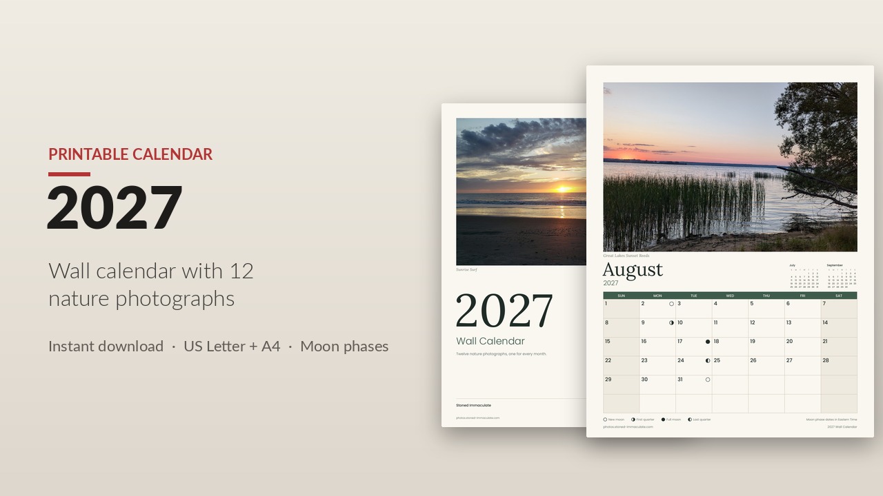2027 Wall Calendar, a printable calendar with 12 nature photographs