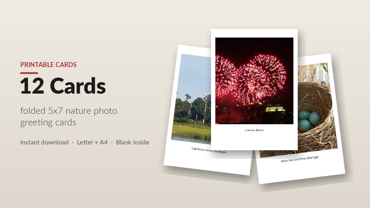 Printable Greeting Cards, 12 folded nature photo cards